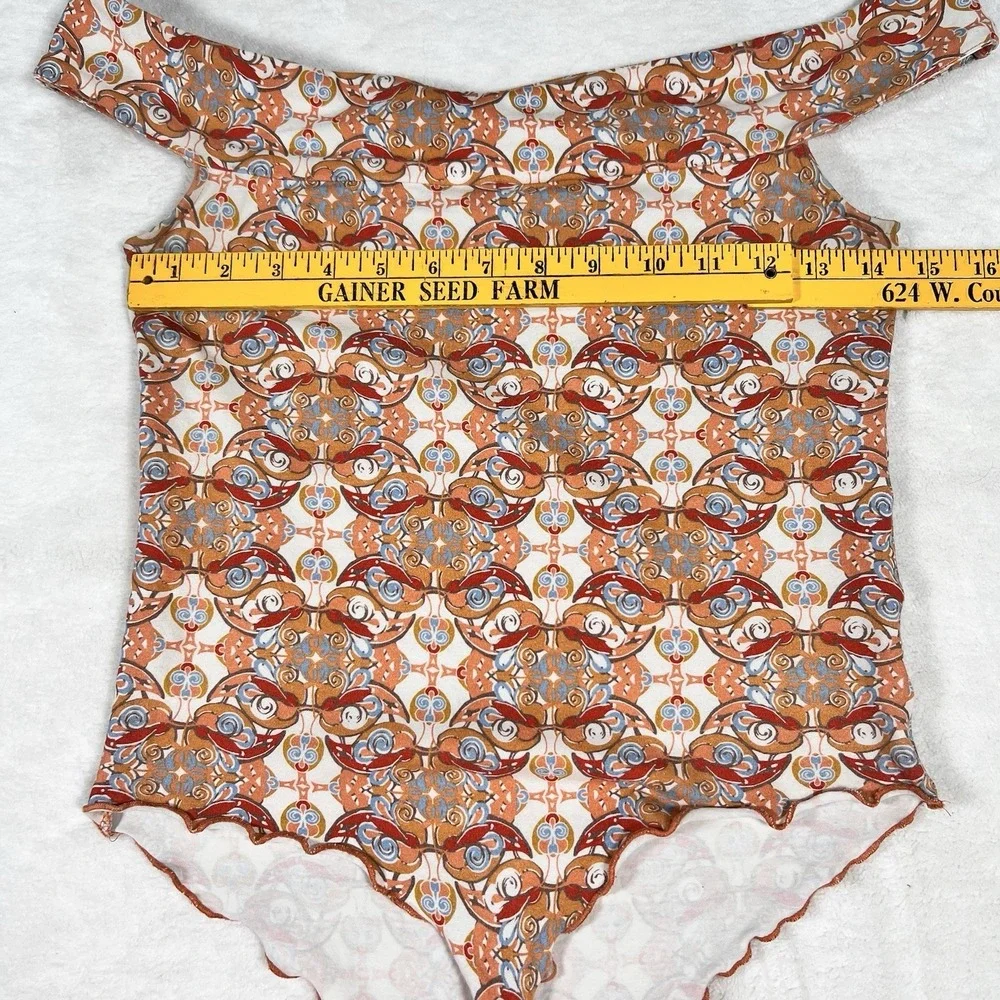 Free‎ People Womens Bardot-Neck Geo Off-Shoulder Bodysuit Medium Y2K Romantic